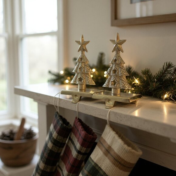 Vintage - Pair of Brass Metal Christmas Tree Shaped Stocking Hangers - Picture 7 of 7